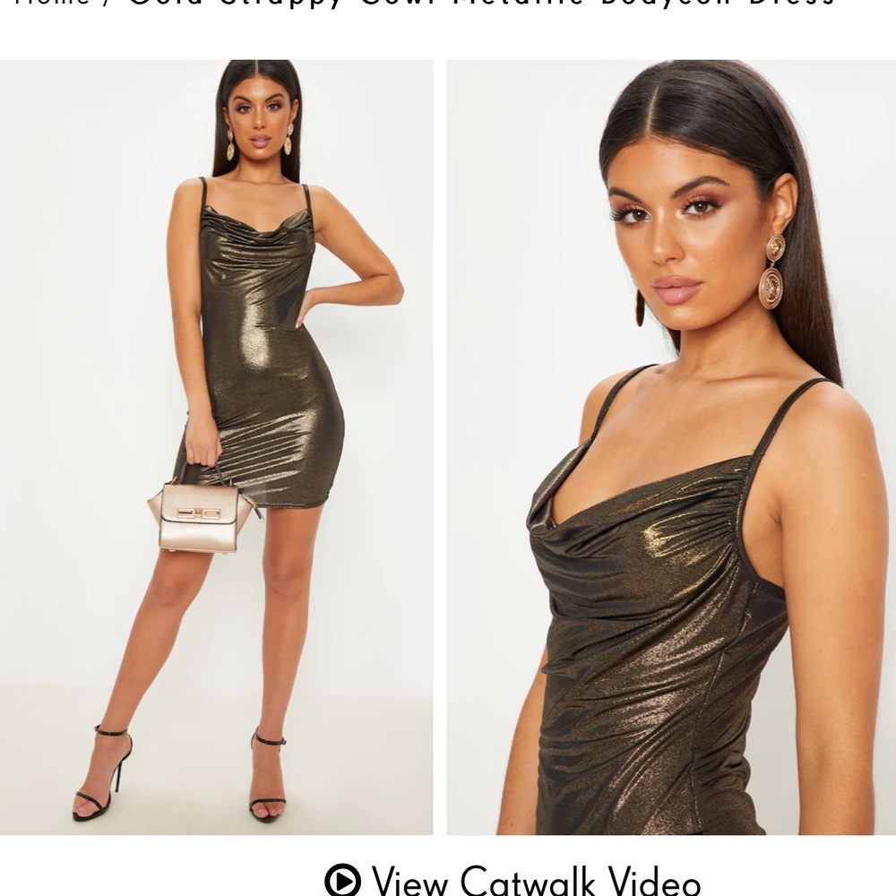 PLT Gold Strappy Cowl Metallic Bodycon Dress